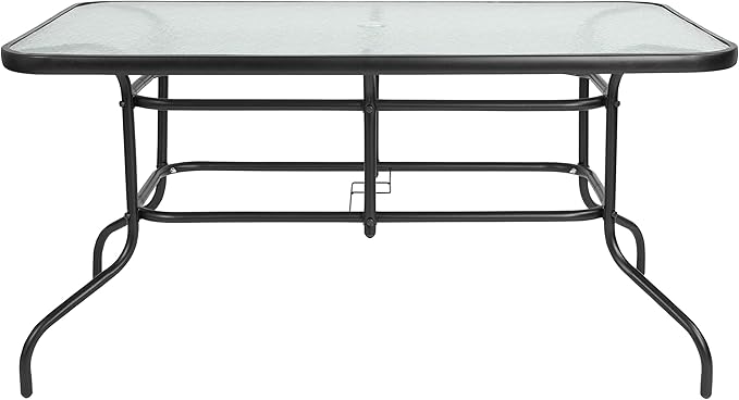 Flash Furniture Tory 31.5" x 55" Rectangular Tempered Glass Metal Patio Table with Umbrella Hole, Modern Rippled Glass Outdoor Dining Table, Black
