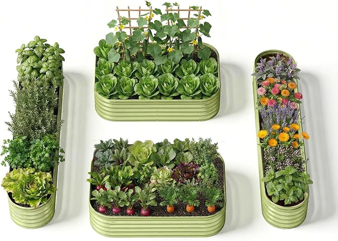4-Pack 18” Tall Galvanized Raised Garden Beds – Small Space Garden Layout, Fits 170 Sq Ft Yard or Patio, 10x2x1.5 & 6x4x1.5 ft Metal Planter Box for Compact Outdoor Gardening - Moss Green