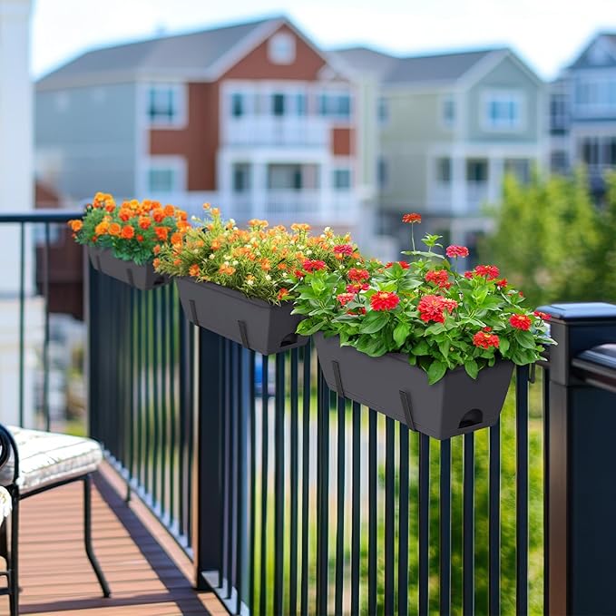 CADUKE Railing Planter Boxes 6 PCS, Planter Boxes with Adjustable Bracket, Deck Rail Planters for Outdoor Plants, Flower Pots for Balcony Garden Decor, Gray