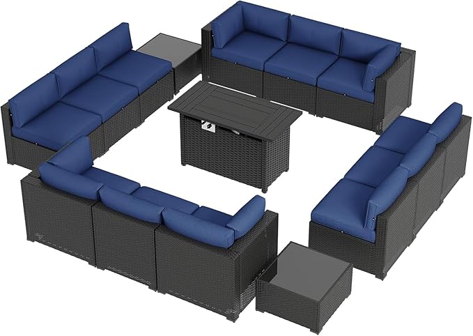 Aoxun 15 Piece Patio Furniture Set with 44” Fire Pit Table, Wicker Rattan Patio Sectional Sofa, Outdoor Furniture Set with Thickened Cushion, Blue