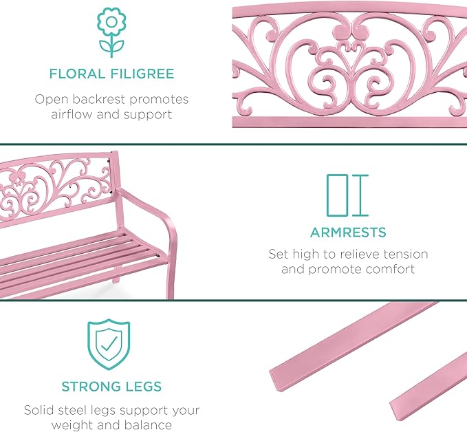 Best Choice Products Outdoor Bench Steel Garden Patio Porch Furniture for Lawn, Park, Deck w/Floral Design Backrest, Slatted Seat - Pink
