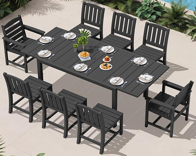 SERWALL 9-Piece Outdoor Dining Set, 60" - 83" Expandable Outdoor Dining Table and 8 HDPE Chairs, All Weather HDPE Outdoor Furniture Set for Backyard, Garden, Black
