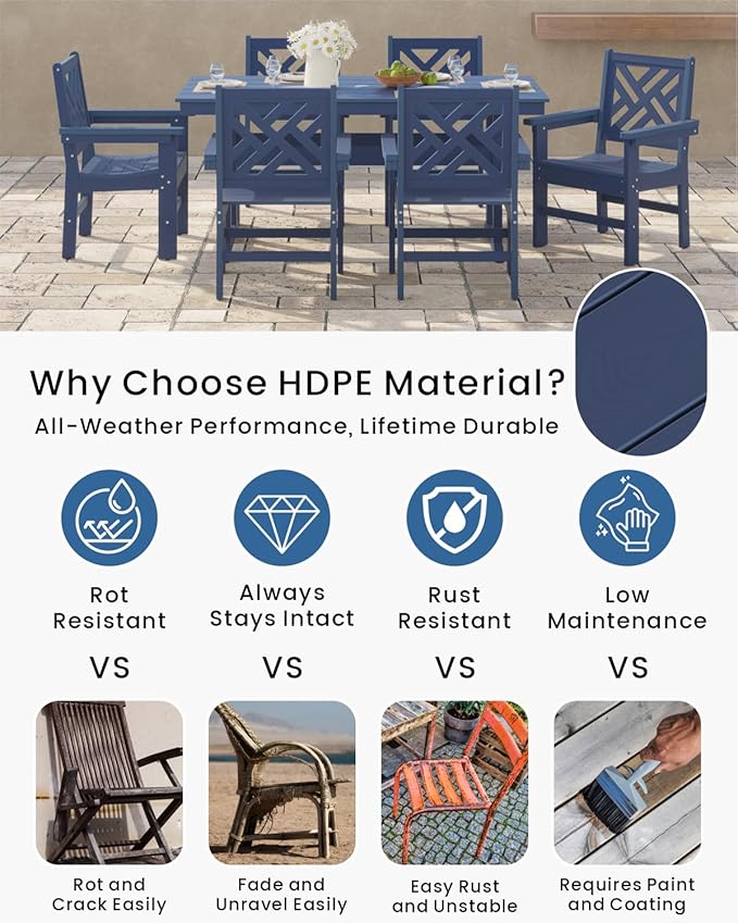 7-Piece Outdoor Dining Set, HDPE All-Weather Patio Table and Chairs Set for 6, Outdoor Patio Furniture Sets with Umbrella Hole for Outside, Deck, Backyard, Garden (Navy Blue)