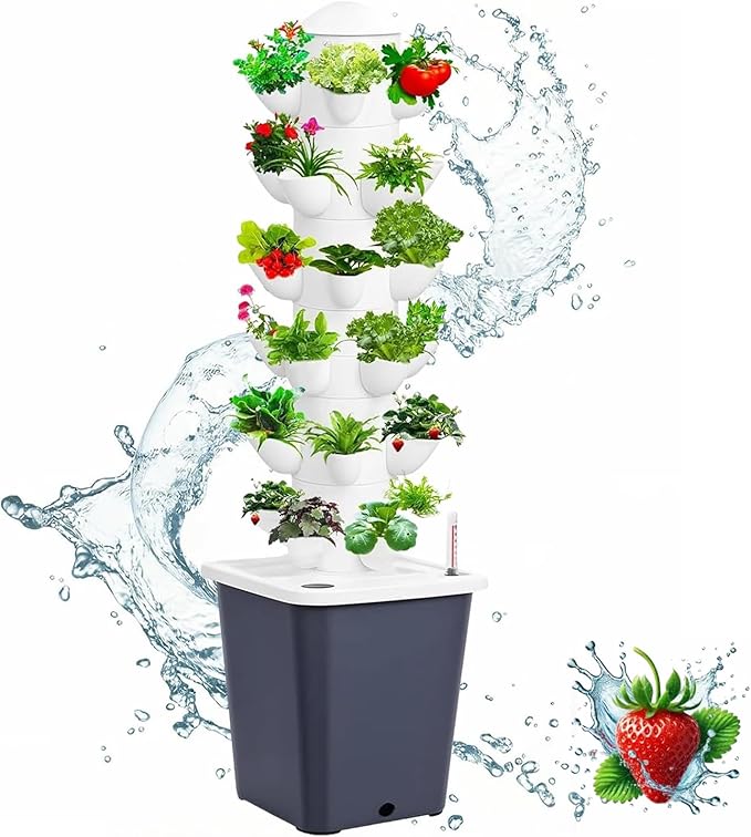 Vertical Hydroponic Tower Garden Growing System - Indoor Planter Kit with 30 Pods, Aeroponic-Style Tower for Herbs, Vegetables, Lettuce & Strawberries, Home Countertop Grow System, Gray