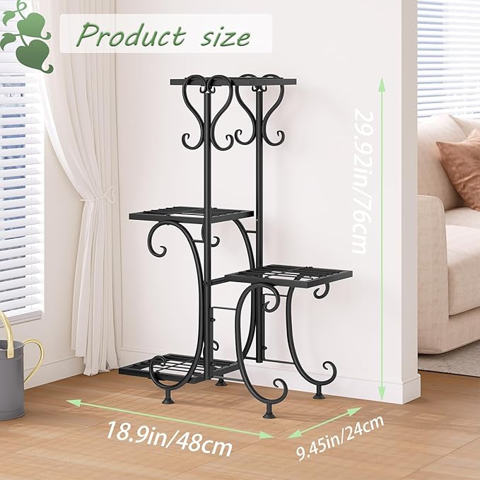 Plant Stand Indoor Outdoor Shelf 4Tier Metal Holder Pot Rack Multiple Plants Stand Tall Flower Shelf Corner Living Room Garden,Black (Black, 4 Pots)