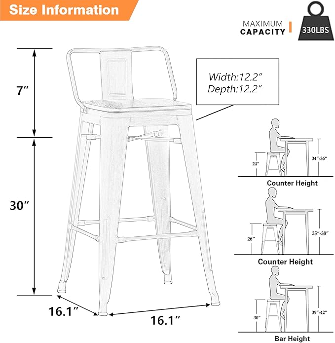 Yongchuang 30 inch Bar Stools Set of 4 Bar Height Metal Barstools with Wood Seat Low Back Kitchen Bar Chairs Silver