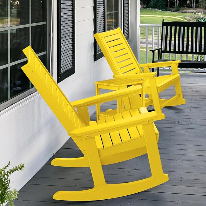GREENVINES Outdoor Rocking Chairs | Set of 2 | Porch Rocker | HDPE Plastic | Yellow | Oversized Rockers | High Back | Big & Tall | Ladder Back | for Patio Outside Backyard Balcony Garden