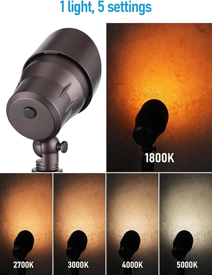 LEONLITE 5CCT Low Voltage LED Landscape Spotlight, Update 1800K2700K3000K4000K5000K Selectable, 5W 12V Pathway Lights Outdoor, CRI90, Aluminum Spot Lights for Garden, ETL, IP65 Waterproof, Pack of 4
