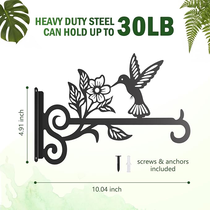 4-Pack Aesthetic Plant Hangers Outdoor – 10 Inch Metal Hanging Plant Bracket with Beautiful Hummingbird Pattern – Anti Rust Plant Hooks for Hanging Plants, Bird Feeder, Windchime, Lantern