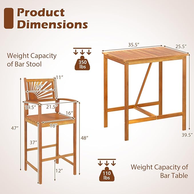 Tangkula 3 Piece Patio Bar Table & Chairs, Outdoor Acacia Wood Bar Set w/Slatted Seat & Tabletop, Wood Dining Bar Set w/Backrest, Armrests & Footrest for Backyard, Poolside, Balcony