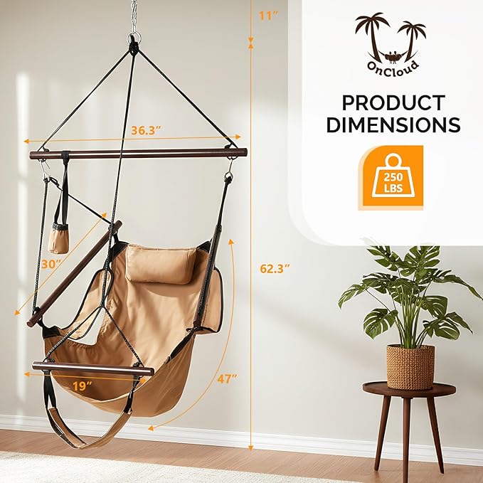 ONCLOUD Upgraded Unique Hammock Hanging Sky Chair, Air Deluxe Swing Seat with Rope (Tan)
