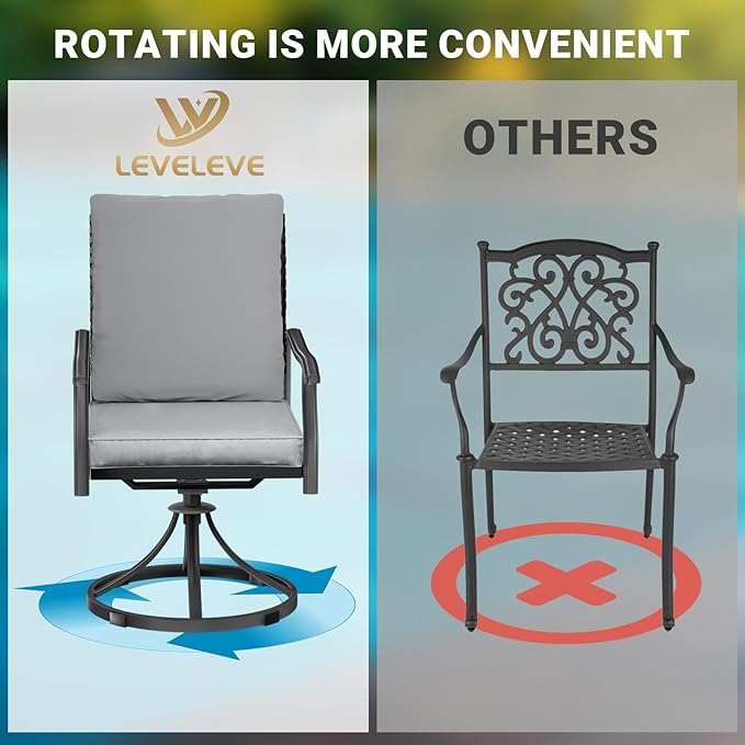 LEVELEVE 5 Piece Outdoor Patio Dining Set with 4 Swivel Dining Chairs & 1 Large Round Dining Table,Bistro Furniture Set for Lawn, Garden, Deck, Backyard and Porch