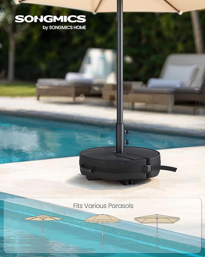 SONGMICS Umbrella Base, Round Patio Umbrella Stand, Sand Fillable Bag 66 lb, for 5-10 ft Umbrellas, Heavy-Duty, for Poles of Different Diameters, Oudoor Beach Lawn, Black UGUB0041B01