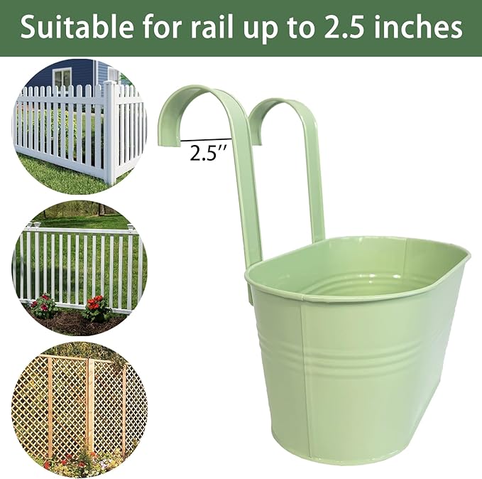 Balcony Hanging Planters Flower Pots, 10" Metal Flower Pots for Outdoor Balcony Rails, Fence Pot Hanging Plant Holders with Detachable Hooks for Garden Patio Yard Decor (Mint Green, 6Pcs)