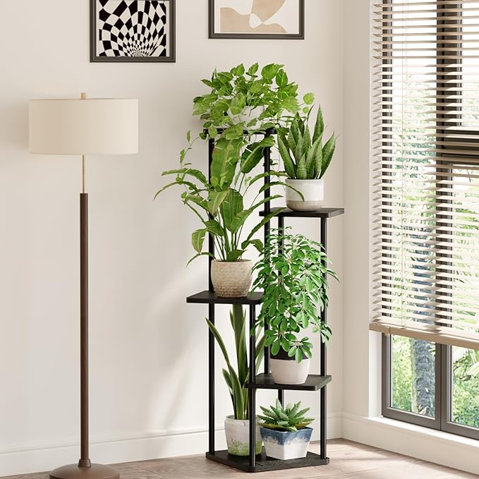 Bamworld Black Plant Stand Indoor 5 Tier Plant Shelf for Multiple Plants Corner Flower Stand Metal Wood Plant Table for Patio Garden Balcony Living Room Bedroom