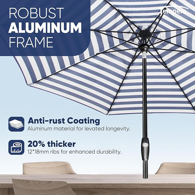 Tempera Patio Market Outdoor Table Umbrella with Auto Tilt and Crank, Large Sun Umbrella with Sturdy Pole & Fade Resistant Canopy, Easy to Set
