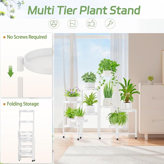 iDavosic.ly Plant Stand Indoor Outdoor, 9 Tier Corner Metal Flower Display Holder Shelf, Easy Assembly Folding Tall Orchid Rack for Patio Balcony Porch Garden Living Room House, White