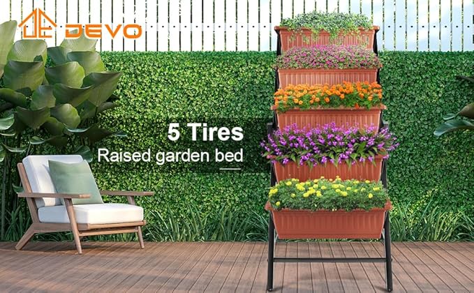 Suyncll Vertical Raised Garden Bed Planter Box,5 Tiers Vertical Garden Planter with Drainage System&4 Hooks for Herb Vegetables Flowers, Brick Red