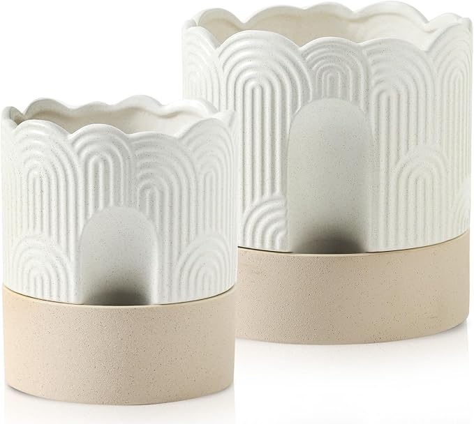 Nihow Self Watering Plant Pot for Indoor Plants : 6 Inch & 8 Inch Ceramic Planter with Drainage Hole & Water Storage - Relief Design Beige & Nature Flower Pot -Set of 2