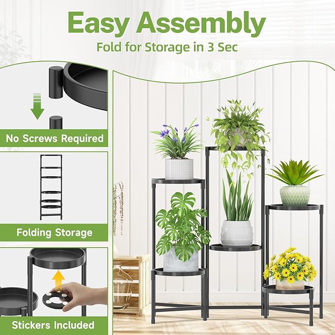 iDavosic.ly 6 Tier Large Plant Stand Indoor with Grow Light, Tiered Corner Metal Outdoor Flower Display Holder Shelf with 10 Inch Wide Tray, Folding Tall Rack for Patio Porch Living Room, Black
