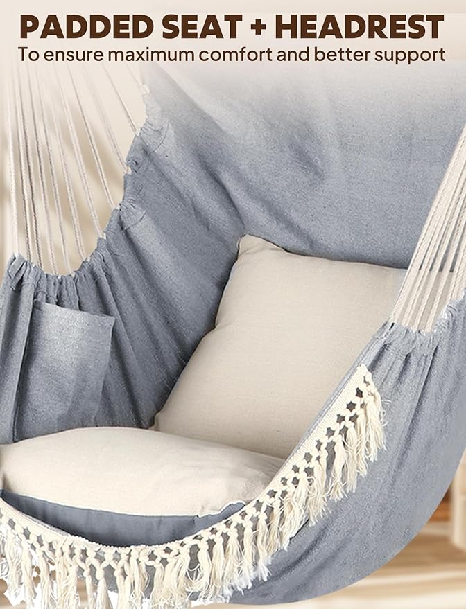 Chihee Hammock Chair Hanging Swing Max 500 Lbs 2 Cushions Included Metal Spreader Bar with Anti-Slip Grooves Portable Hanging Chair Side Pocket Large Macrame Bohemian Chair Indoor Outdoor