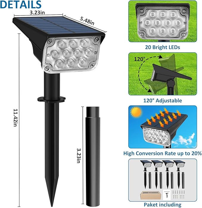 T-SUNUS Christmas Red Solar Lights for Outside IP65 Waterproof Auto On/Off Adjustable Landscape Spot Lighting Garden Spotlight Outdoor Tree Pathway Yard Driveway Wall Patio Lawn Flag Halloween 4 Pack