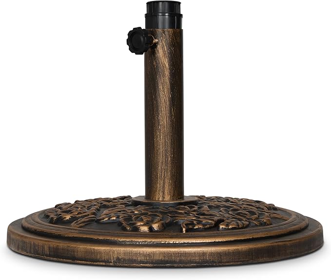 Backyard Expressions 20 lb Patio Umbrella Base Stand, Decorative Rose Medallion Antique Bronze Finish, Fits 1.5–1.9 in Poles w/Adapters, 18 in Round Weighted Outdoor Umbrella Holder for Deck & Table