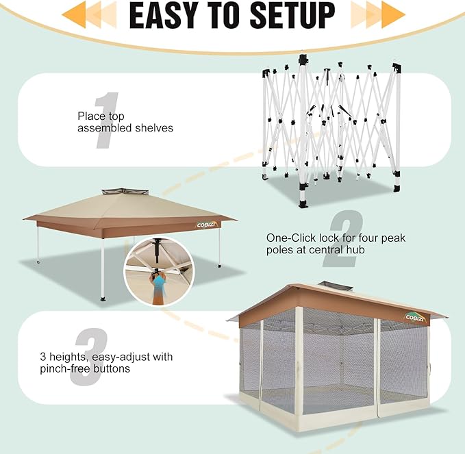 COBIZI Gazebo 13x13 Pop Up Canopy, Gazebos on Clearance - Canopy Tent with Mosquito Netting for Lawn, Garden, Backyard & Patio - Carpas para Patio- Water Resistant and UPF50+ (Khaki)