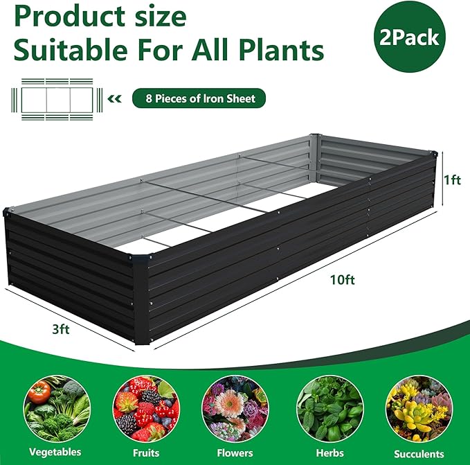 Vengarus 10x3x1FT (2 Pack) Galvanized Raised Garden Bed Kit, Outdoor Metal Planter Box for Vegetables, Rectangular Steel Container, Easy Assembly (Black)