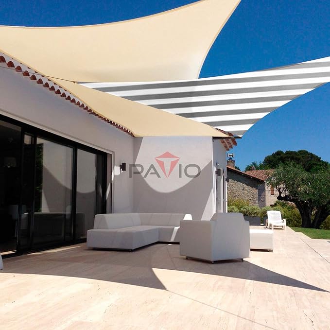 Patio Paradise 15' x 15' x 15' Sun Shade Sail Triangle Canopy Shade Cloth Fabric Sunlight Block Patio Pergola Cover HDPE Deck Awning for Outdoor Backyard Roof Shading, Gray White Strip