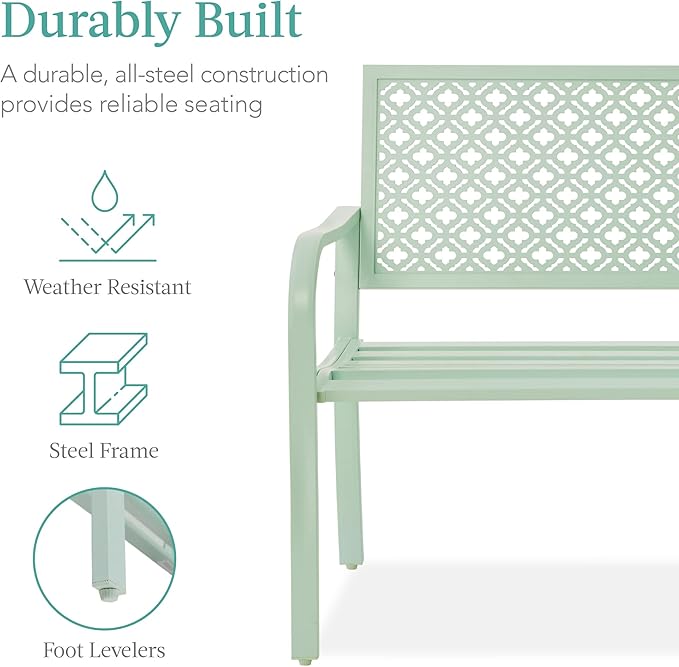 Best Choice Products Outdoor Bench 2-Person Metal Steel Benches Furniture for Garden, Patio, Porch, Entryway w/Geometric Backrest, 790lb Capacity - Mint Green