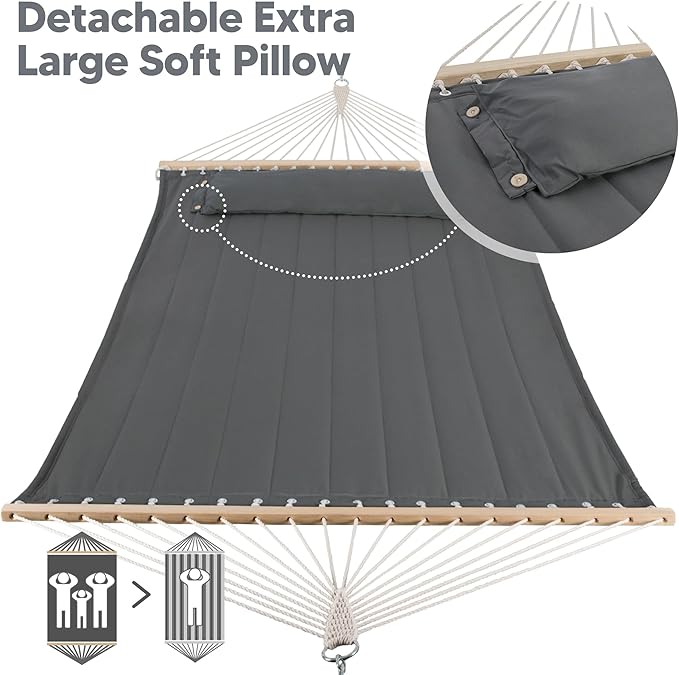 SUNCREAT Portable Tree Hammock with Hardwood Spreader Bar, Extra Large Soft Pillow, Heavy Duty 2 Person Hammock for Indoor, Outdoor, Gray