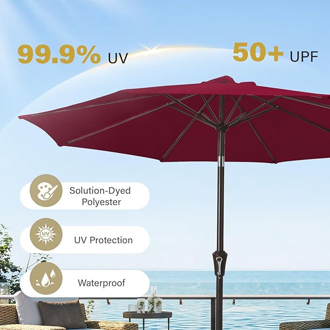MEWAY 9ft Patio Umbrella Outdoor Table Umbrellas with Push Button Tilt and Crank, Market Umbrella 8 Sturdy Ribs for Deck, Garden, Pool and Backyard, Dark Red