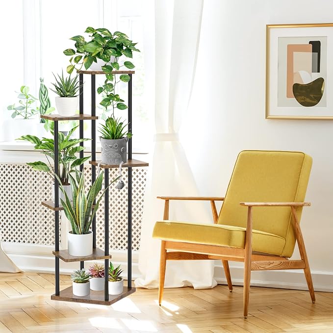 6 Tier Tall Plant Stand Indoor Outdoor, Large Wood Metal Planter Shelf Holder for Narrow Corner, Sturdy Vertical Multiple Flower Orchid Pot Decorative Rack for House Living Room Bedroom Office, Rustic Black