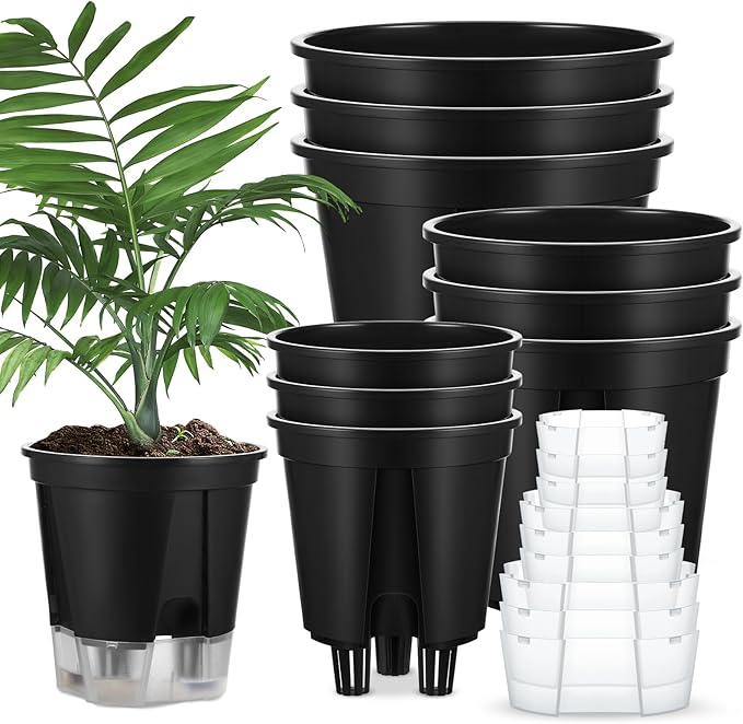 Self Watering Pots for Indoor Plants with Deep Reservoir and High Drainage Holes for Outdoor Plants and Flowers, Bare Root Planter(4.72'', 5.91'', 7.09'',Black,9 Pcs)