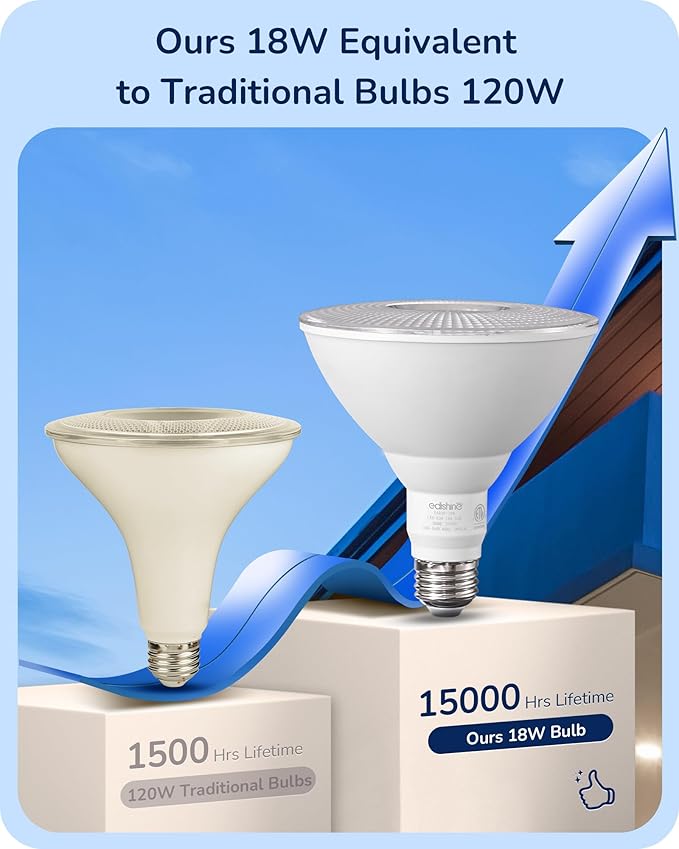 EDISHINE Flood Light Bulbs, PAR38 LED Outdoor Flood Light Bulbs, 120W Equivalent Dimmable Waterproof for Patio Yard Porch Driveway Garage, 5000K Daylight White 18W 1800LM E26 Base, 2 Pack, ETL Listed