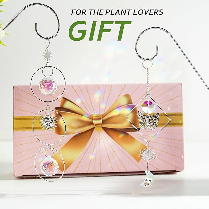 HDCRYSTALGIFTS 4 Pack Crystal Sun Catchers with 13.5'' Small Trellis for Potted Plants Indoor Plant Stake Suncatcher Decoration for Home Window Garden, Sliver