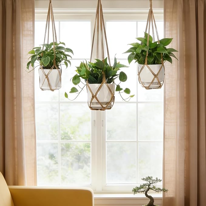 YIBOT 3 Pack Macrame Plant Hanger Indoor Hanging Planter Basket with 3 Hooks, 35"/29"/23" Crochet Plant Holder Stand No Tassels for Indoor Outdoor Boho Home Decor, Brown (POTS NOT Included)