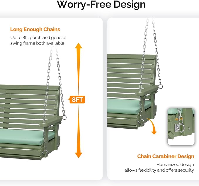 VINGLI Heavy Duty 880 LBS Patio Wooden Porch Swing Outdoor with Extra Cushion, Farmhouse Hanging Bench Tree Swing with Adjustable Chains for Yard | Garden | Lawn | Balcony (5 FT, Green)