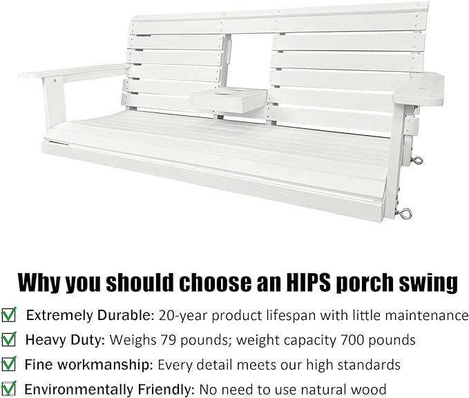 Poly Lumber 3-Seat Porch Swing, HIPS 5-Feet Bench Swing with Foldable Cup Holders,18/8 Stainless Steel Hardware, High Backrest and Deep Contoured Seat, Snow White