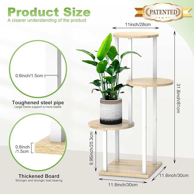 Plant Stand Indoor, 4 Tier Thickened Metal Corner Plant Shelf for Multiple Plants, Indoor Plants Tiered Flower Pot Stand for Patio Garden Balcony Living Room Bedroom (White Oak)