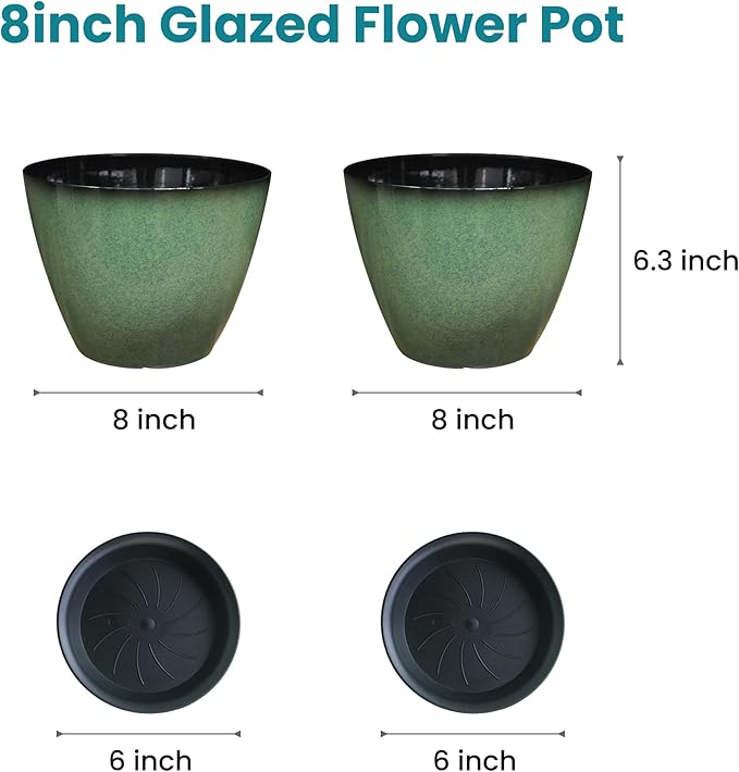 2 Pack Plant Pots for Indoor Outdoor Plants, 8 inch Plastic Flower Pots, Glazed Planter for Aloe, Herbs, Cactus (Green, 2pcs)