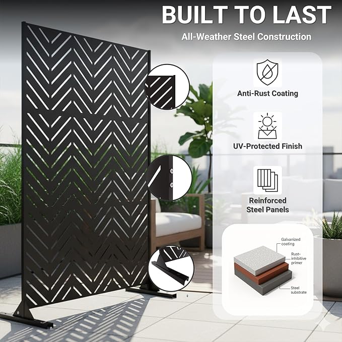 Metal Privacy Screen Outdoor – 6FT Freestanding Decorative Steel Panel with Stand, Laser-Cut Chevron Pattern Modern Privacy Divider, Rustproof & Weather-Resistant Screen for Patio, Garden & Backyard