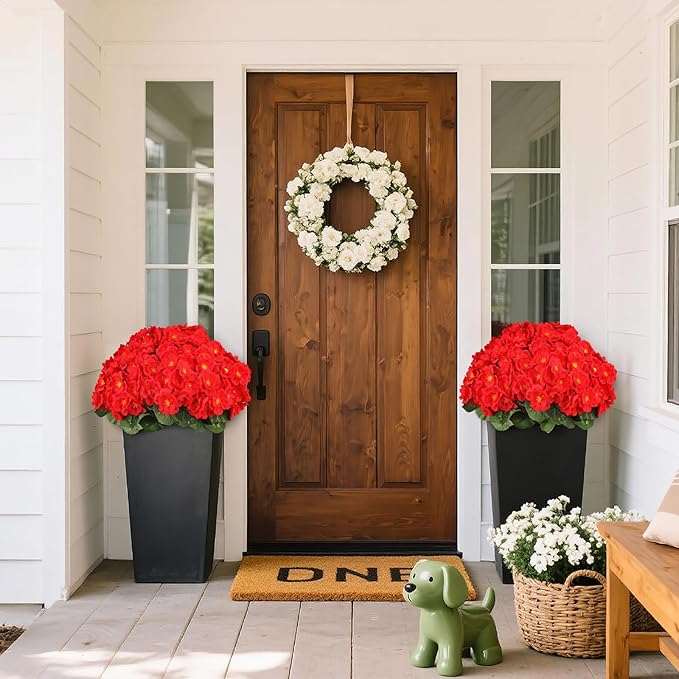 Artificial Flowers for Outdoors, 6 Bundles Realistic Silk Fake Red Geraniums, UV Resistant Faux Flowers for Planters, Hanging Baskets, Window Boxes, Porch, Patio Valentine's Day Decor