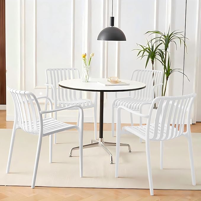 Patio Dining Chairs Set of 4, All-Weather Outdoor and Indoor Stackable Chairs with Curved Back, Waterproof for Patio, Deck, Porch, Backyard, Restaurant & Cafe Use, White