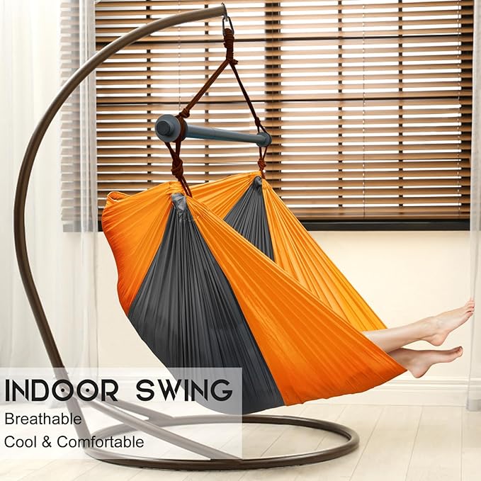 Hammock Chair, Portable Large Hanging Rope Swing, Lightweight Nylon Parachute, Max 500 Lbs, Detachable Metal Support Bar Hammock Chair Swing for Outdoor, Indoor, Bedroom (Orange, Dark Gray)