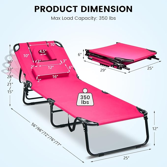 GYMAX Tanning Chair, 350lbs Beach Lounge Chair with Face Hole, Detachable Washable Pillow & Carry Strap, Adjustable Folding Chaise Lounge, Layout Chair for Outside, Patio, Poolside, Lawn (2, Pink)
