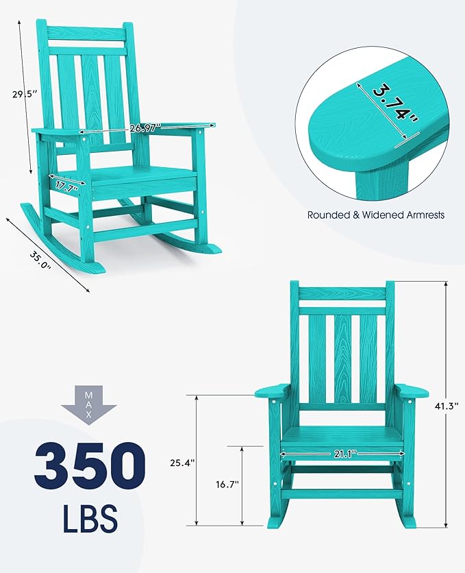 KINGYES Oversized Outdoor Rocking Chair, All-Weather Patio Rocking Chairs for Porch, HDPE Outdoor Patio Rockers with High Back & Wide Seat for Garden, Lawn, Aruba