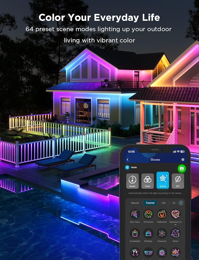 Govee Outdoor LED Strip Lights, 98.4ft Smart Outdoor Lights Work with Alexa and Google Assistant, App Control, IP65 Waterproof, RGBIC Lights for Patio, Eave, Party Decorations