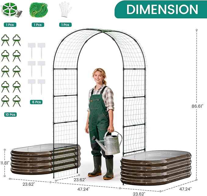 DoCred 3 in 1 Raised Garden Bed with 87in Tall Arch Trellis for Climbing Plants, Galvanized Planter Garden Box Outdoor for Gardening, Climbing Vegetables, Flower, Wood Grain